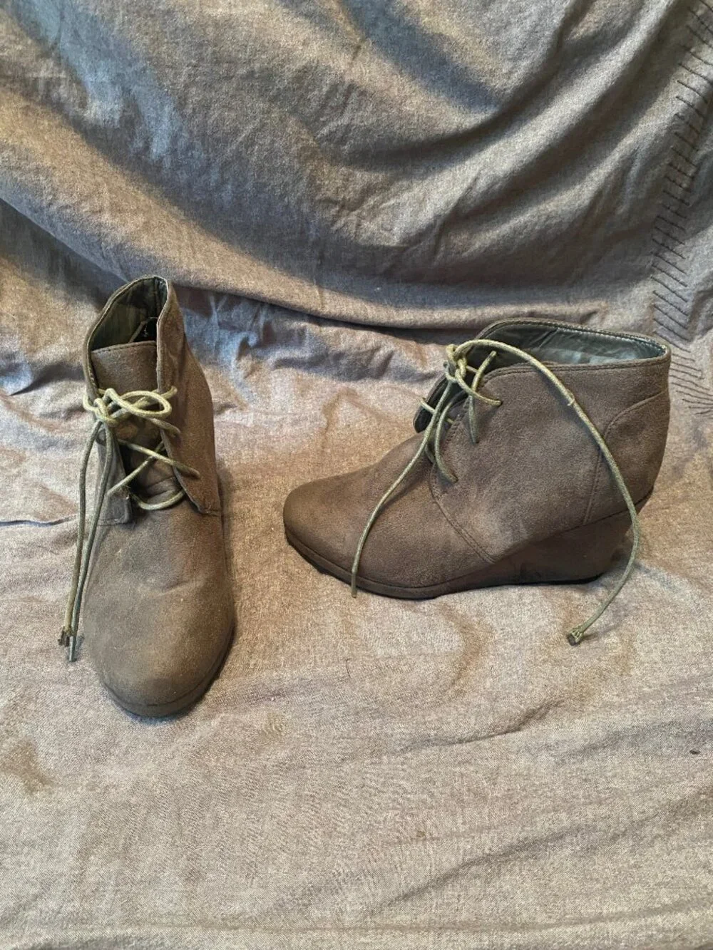 Journey Collection Gray Faux Suede Wedge Ankle Booties